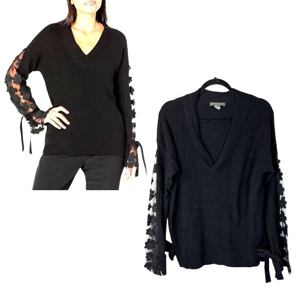 French Connection Black Sheer Lace Floral Sleeve Sweater Size Medium - Picture 1 of 9